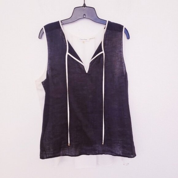 Calvin Klein Black/White Sheer Linen Mixed Media Sleeveless Top w/Tie Sz XL EUC - Picture 2 of 8